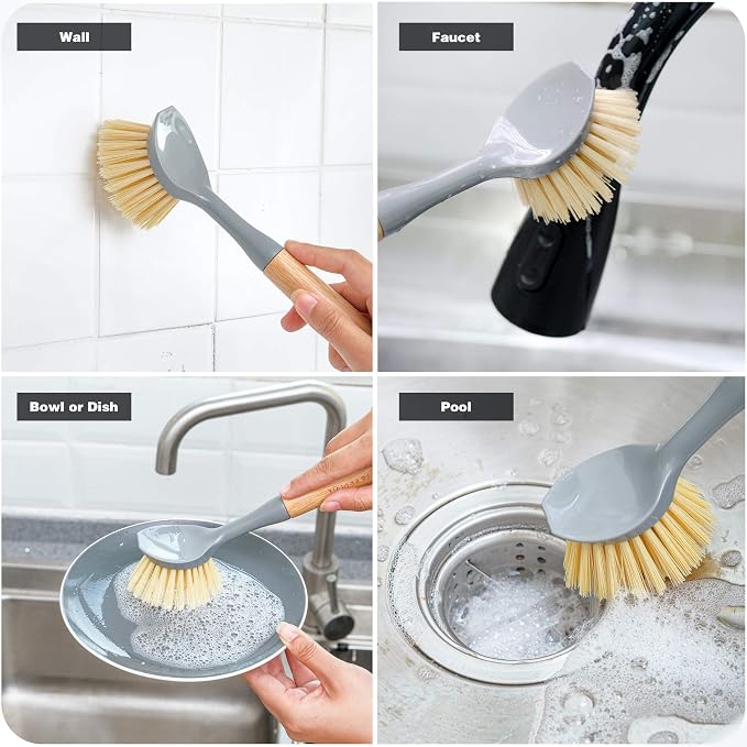 Natural Bamboo Dish Brush Bottle Scrub Brush 4-Piece Set, - Image 5