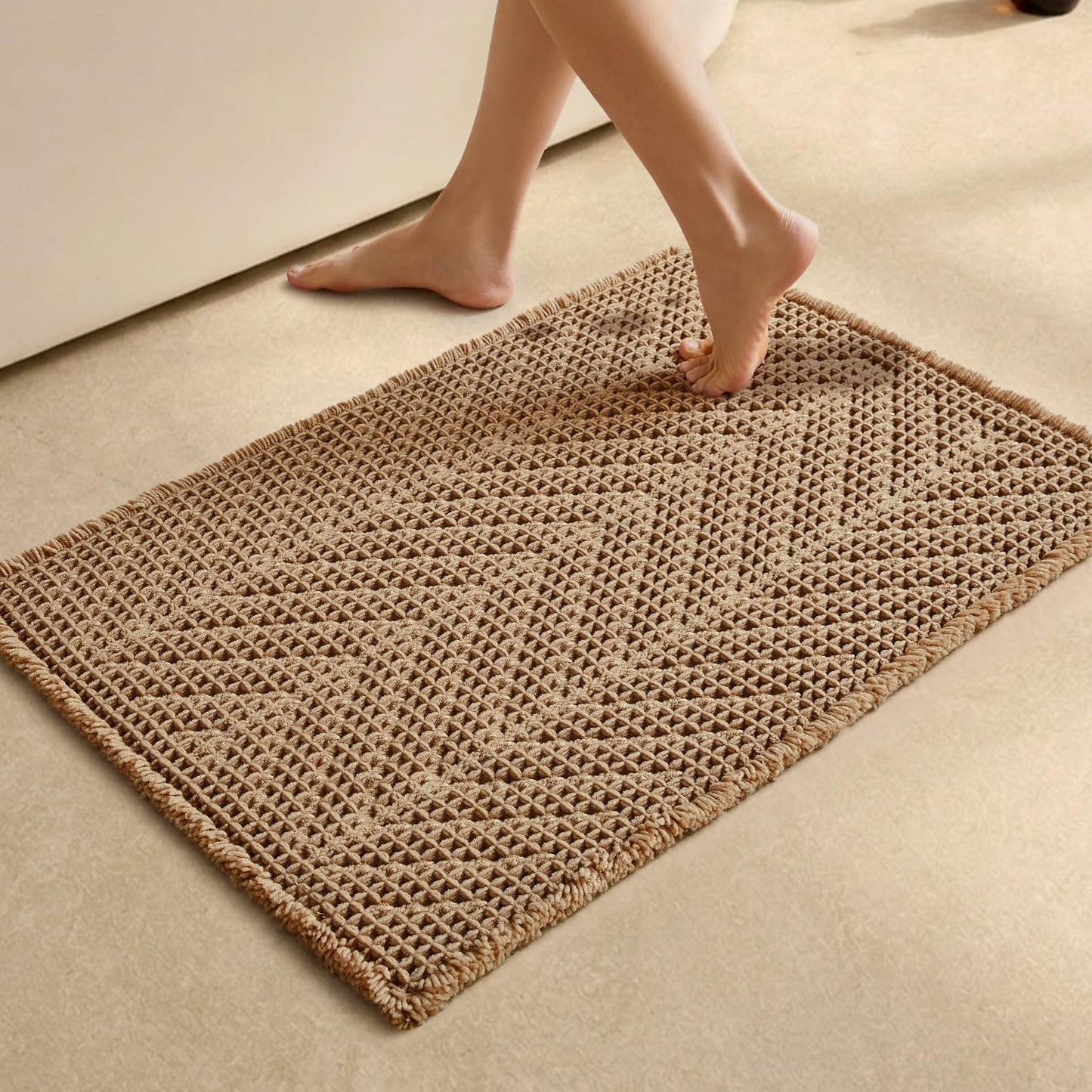 Sunfly Boho Bathroom Rug, Herringbone Waffle Bath Mat Non-Slip Washable Super Absorbent Quick Dry, Farmhouse Bath Mat for Bathroom Floor Decor 20"*30" Khaki