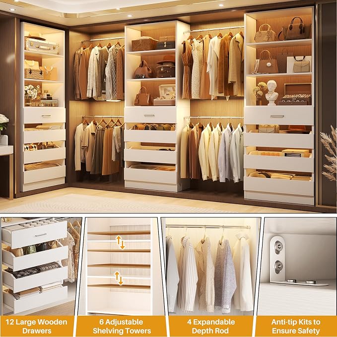 Aheaplus Closet System with 12 Drawers, 8.5-11.5Ft Wood Closet Organizer System - Image 4