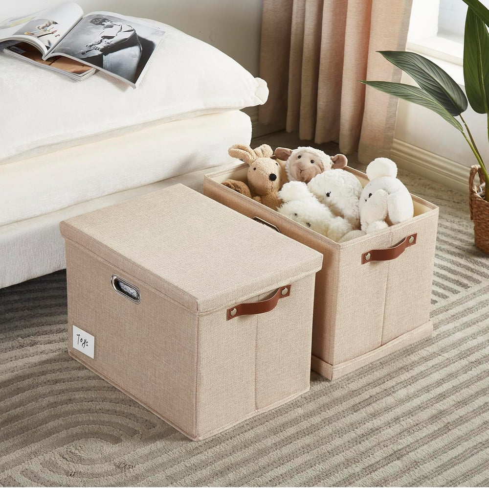 17" Large Fabric Storage Box with Lids, 3-Pack, Khaki