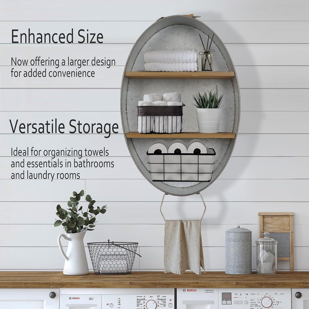 Oakrain Towel Rack with Wood Wall Shelves, Farmhouse Galvanized Wash Tub