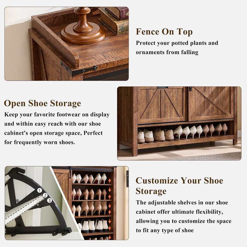 OKD Shoe Storage Cabinet with 2 Flip Drawers & Sliding Door, Farmhouse En...