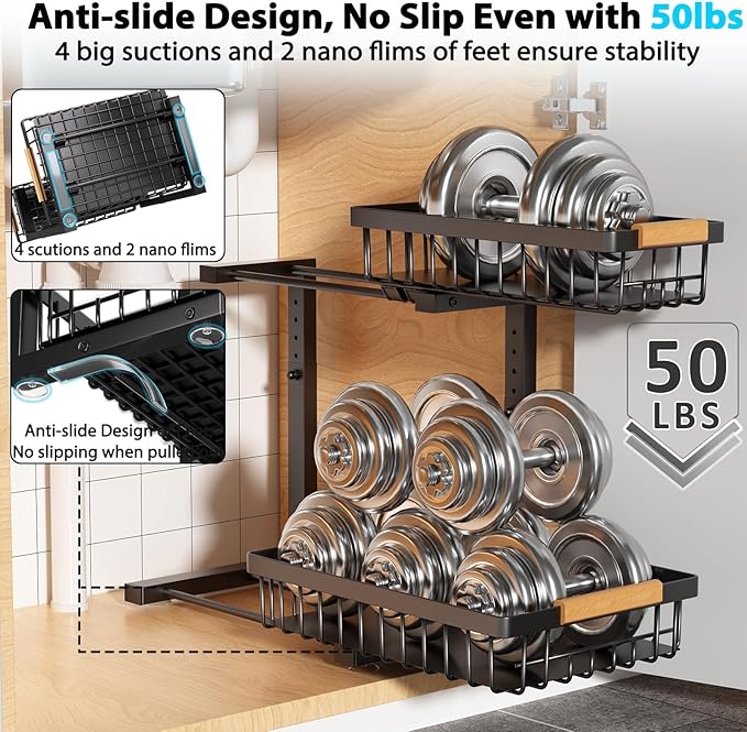 Under Sink Organizer Storage 2 Pack, 2 Tier Slide Out Height Adjustable Pull - Image 4