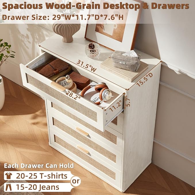 LEYAOYAO White Dresser for Bedroom, Modern 5 Drawers Boho Rattan Dressers - Image 5