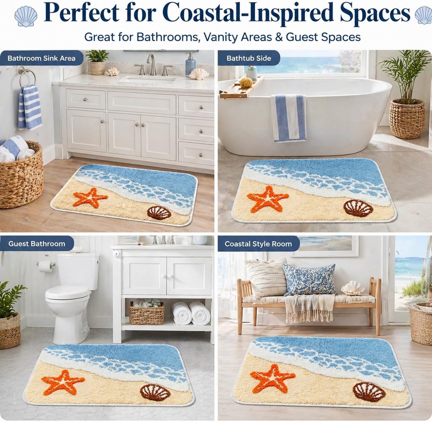 Beach Bathroom Rug 20 x 32 Inch, Coastal Ocean Wave Bath Mat with Starfish and Seashell Design, Soft Absorbent Plush Rug with Textured Backing for Tub, Shower, Sink, Vanity Floor Decor