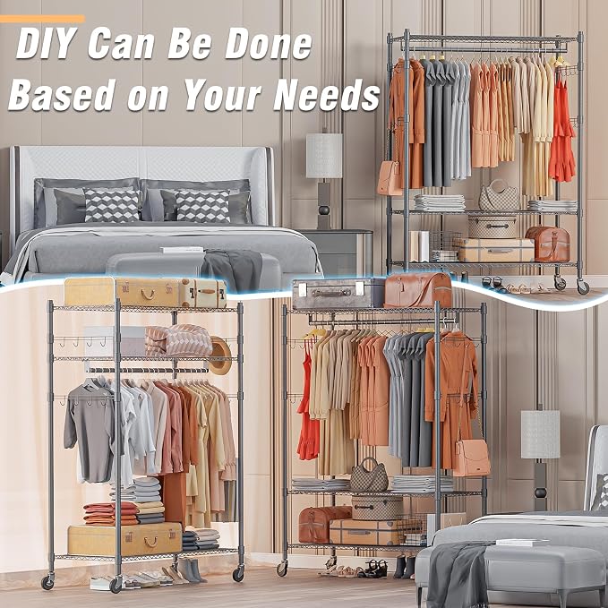 Homdox Heavy Duty Rolling Clothing Rack, Adjustable Garment Rack - Image 6