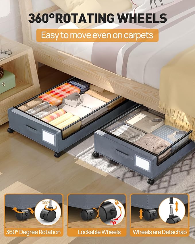Under Bed Storage With Wheels, 2 Pack Square Containers, 60L Bins, Rolling - Image 2
