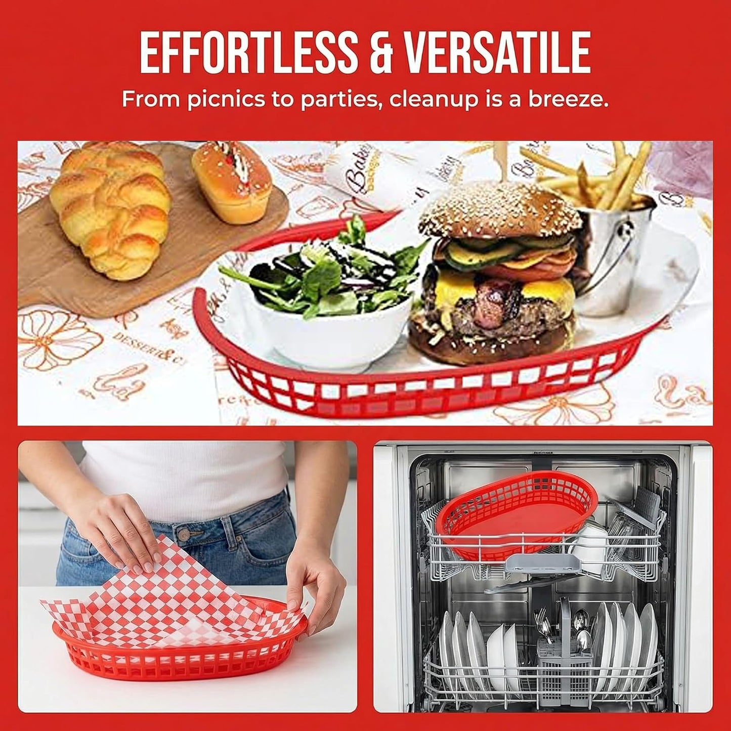 Cedilis 40 Pack Fast Food Baskets, 10.5 x 7 Inch Plastic Baskets, Food Service Tray for Hot Dogs, Burgers, Sandwiches, Fries, Barbecues, Picnics, Parties (red)