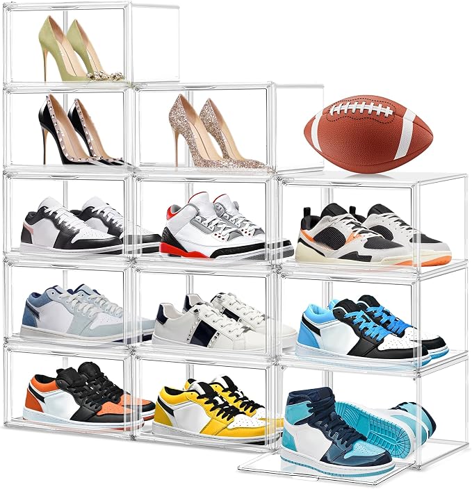 12 Pack Shoe Organizer Clear Plastic Stackable Shoe Storage Boxes by EDSFAM