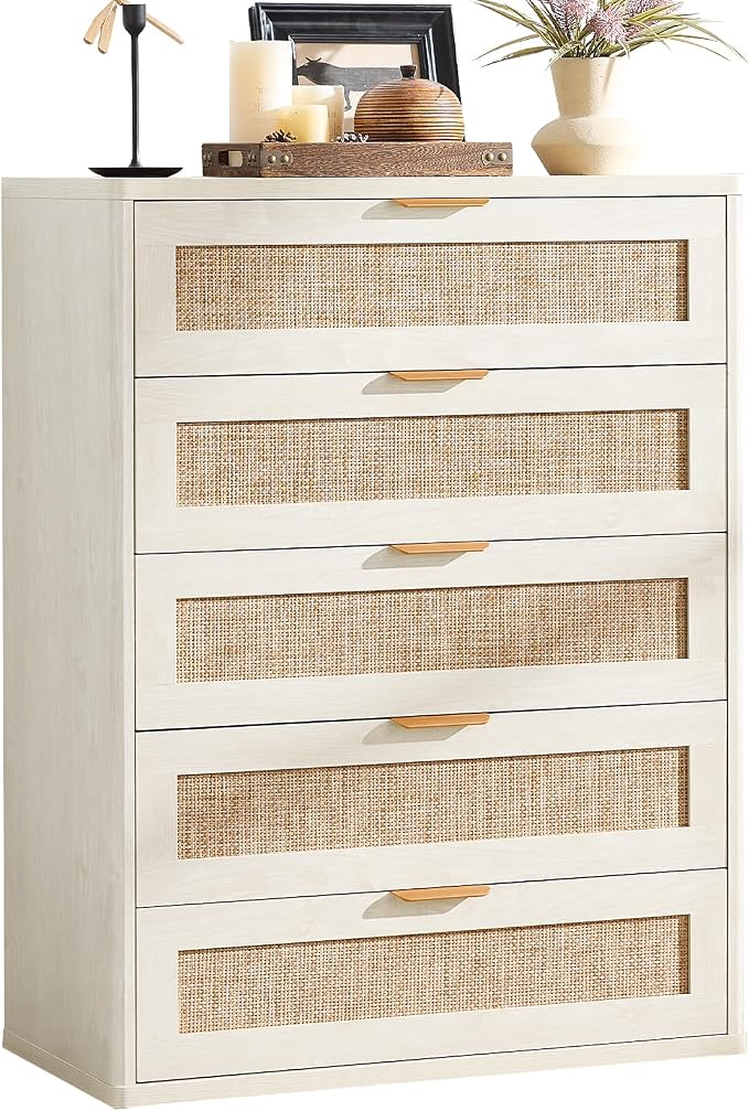 LEYAOYAO White Dresser for Bedroom, Modern 5 Drawers Boho Rattan Dressers by LEYAOYAO-Findtheshiningpointofyourideallife%EF%BC%81