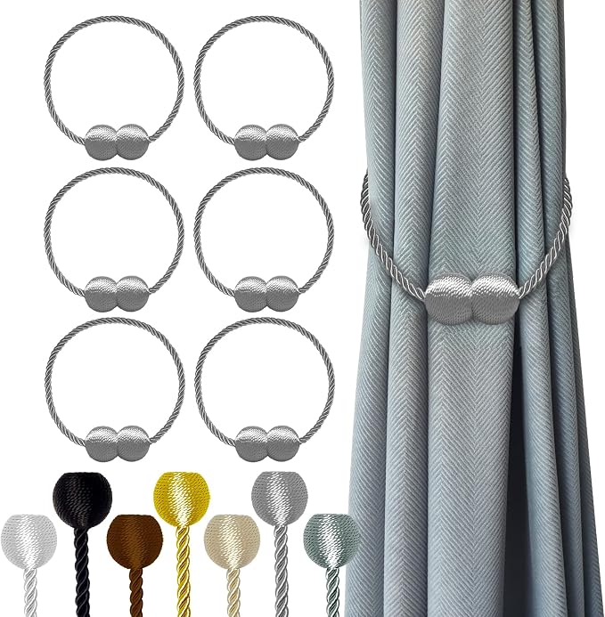Hion Magnetic Curtain Tiebacks Grey 6 Pack, Curtain Tiebacks Buckles Holdbacks by Hion