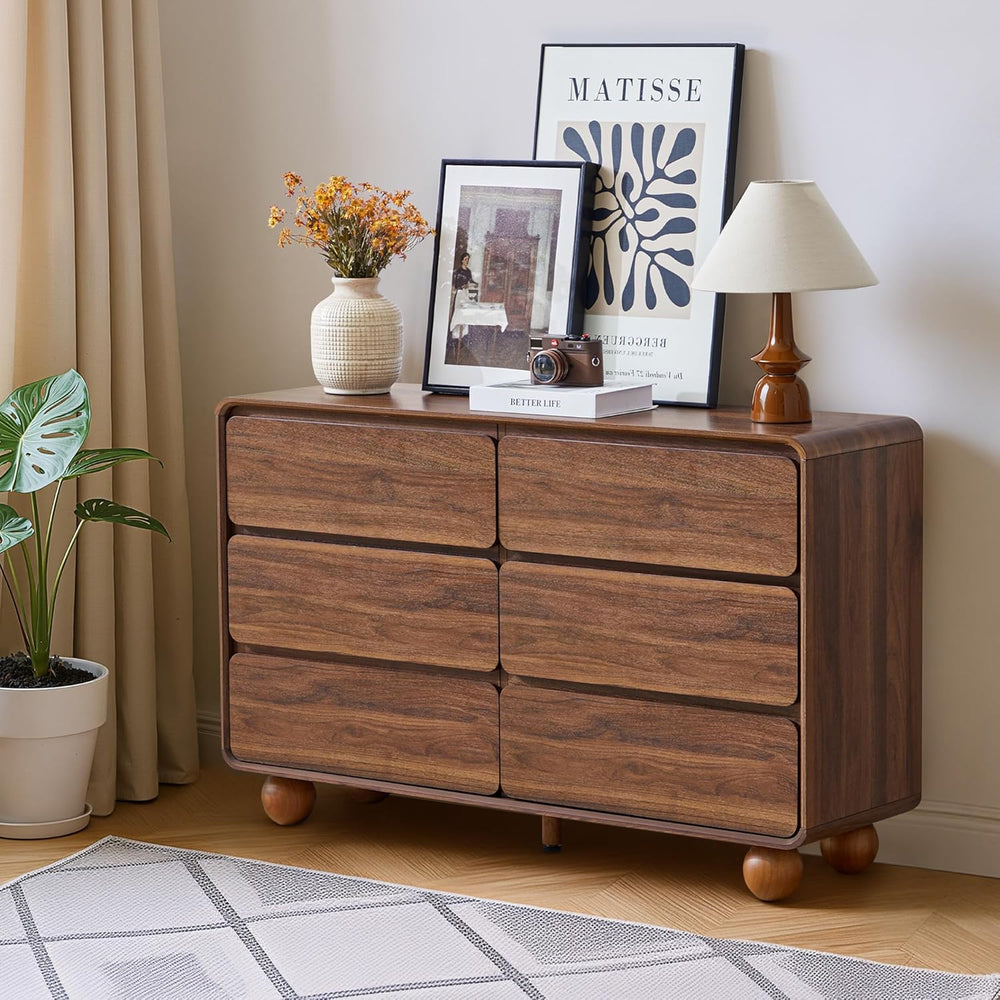 Modern 6 Drawer Dresser for Bedroom, 48" Wooden Chest of Drawers, Walnut