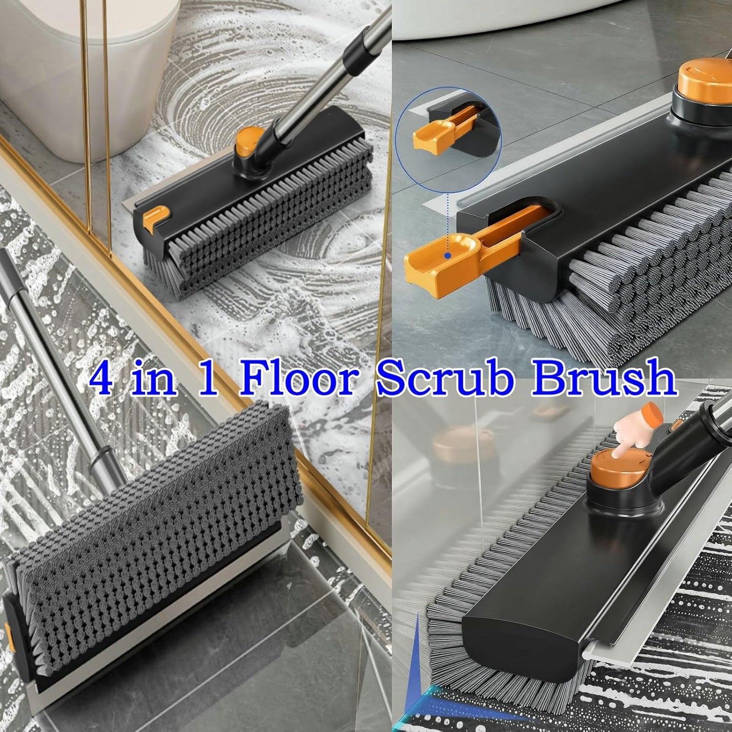 4 in 1 Floor Scrub Brush with Squeegee Long Handle Grout Brush 52'' 2026 Upgraded Multi-Functional Stiff Bristle Cleaning Scrub Brush Rotating Tile Brush for Cleaning Bathroom Patio, Pool, Garage