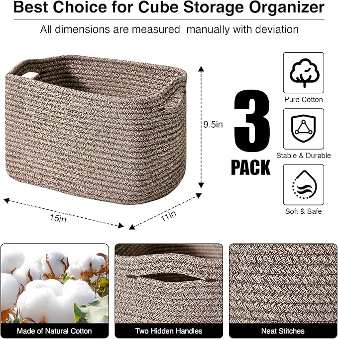 Storage Baskets for Organizing Shelves, Woven Cotton Rope Bins for Baby Nursery - Image 3