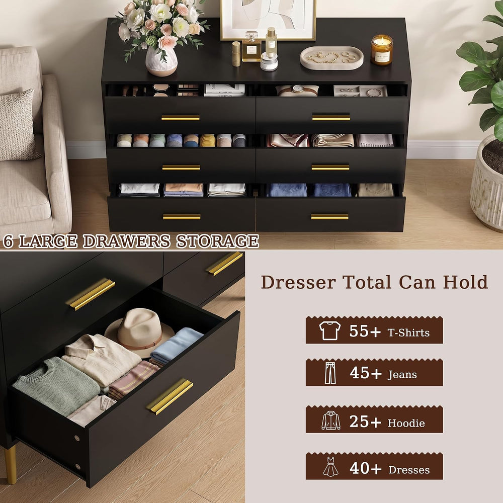 Black 6 Drawer Dresser for Bedroom, 47" Wood Dresser with Gold Handles.