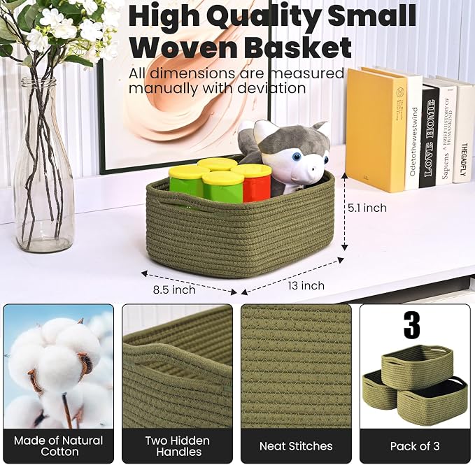 Small Green Storage Baskets for Organizing Shelves, Cute Woven Baskets for - Image 3