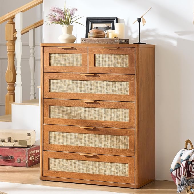 LEYAOYAO Rattan Dresser for Bedroom, Modern 6 Drawers Boho Dressers - Image 9