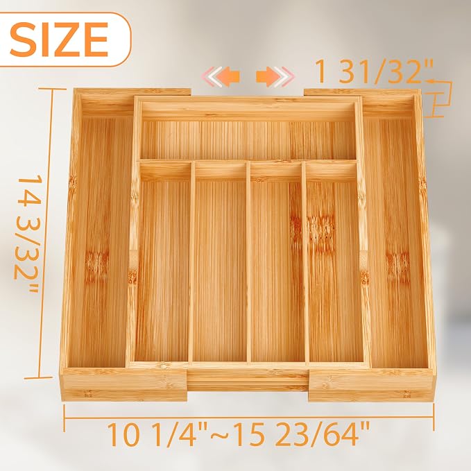 BAMEOS Bamboo Expandable Drawer Organizer, 5-7 Slots Kitchen Drawer Organizer - Image 2