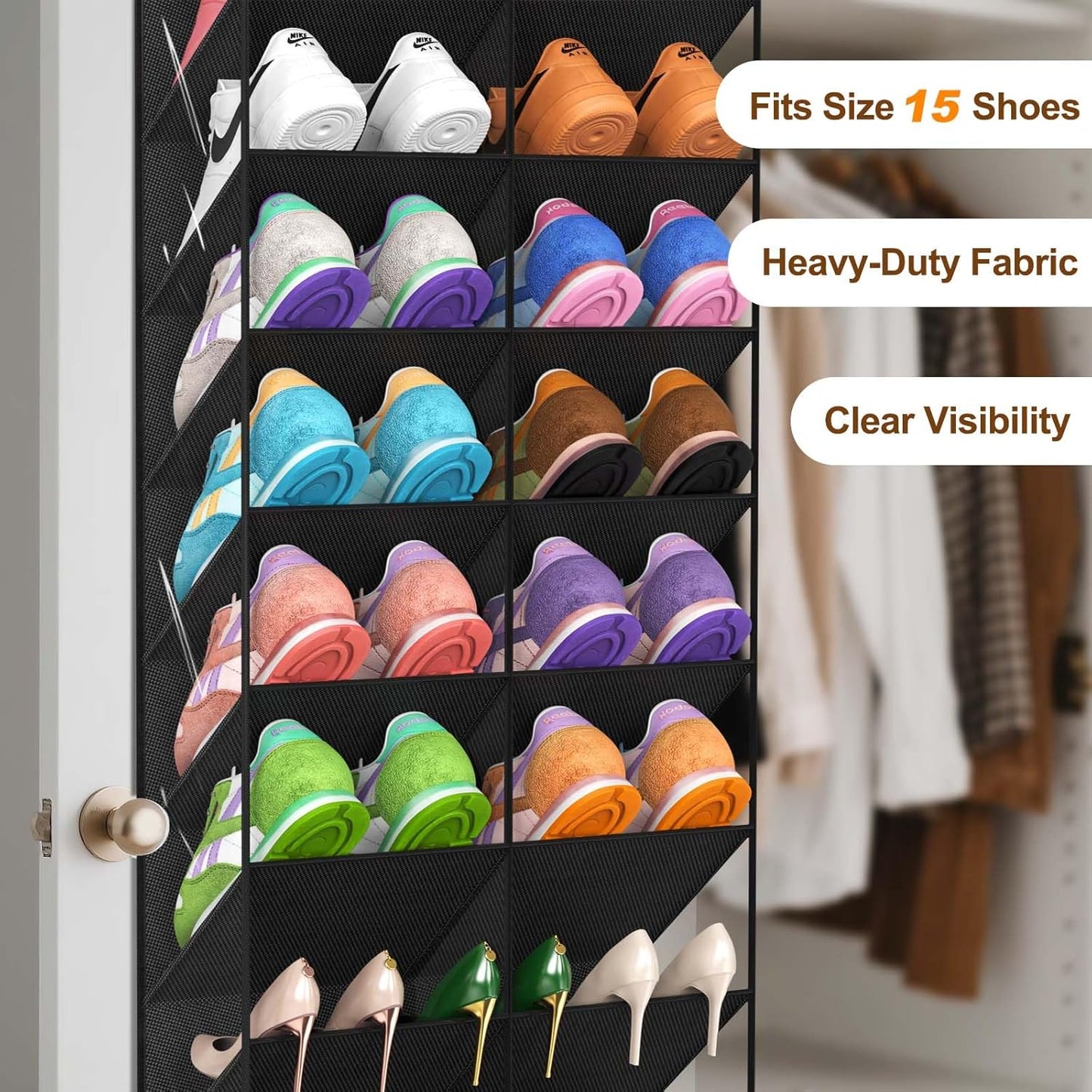 20-30 Pairs Over the Door Shoe Organizer, Clear Pockets Hanging Shoe Storage for Closet, 10-Tier Door Shoes Rack, Handing Shoes Holder Fit All the Family's Sneakers, Boots, Heels, Black