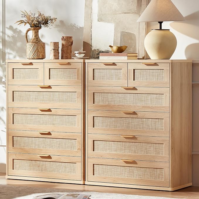 LEYAOYAO Rattan Dresser for Bedroom Set of 2, Modern 6 Drawers Boho Dressers - Image 9