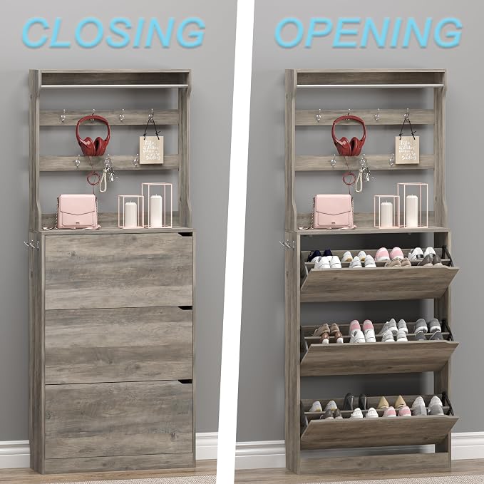 Shoe Cabinet with 3 Flip Drawers & Coat Rack, Narrow Hidden Shoe Storage Cabinet - Image 5