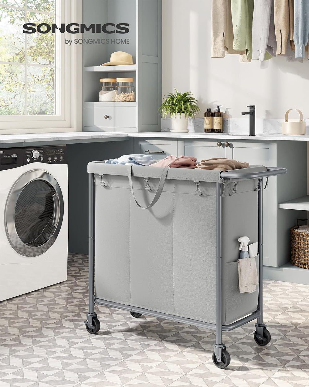 SONGMICS Laundry Basket with Wheels, 3-Section, 52.7 Gallons (199.5 L)