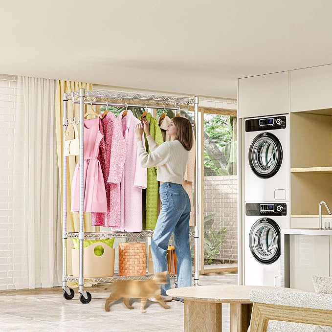 Heavy Duty Rolling Garment Rack 3 Tiers Adjustable Wire Shelving Clothes Rack - Image 7