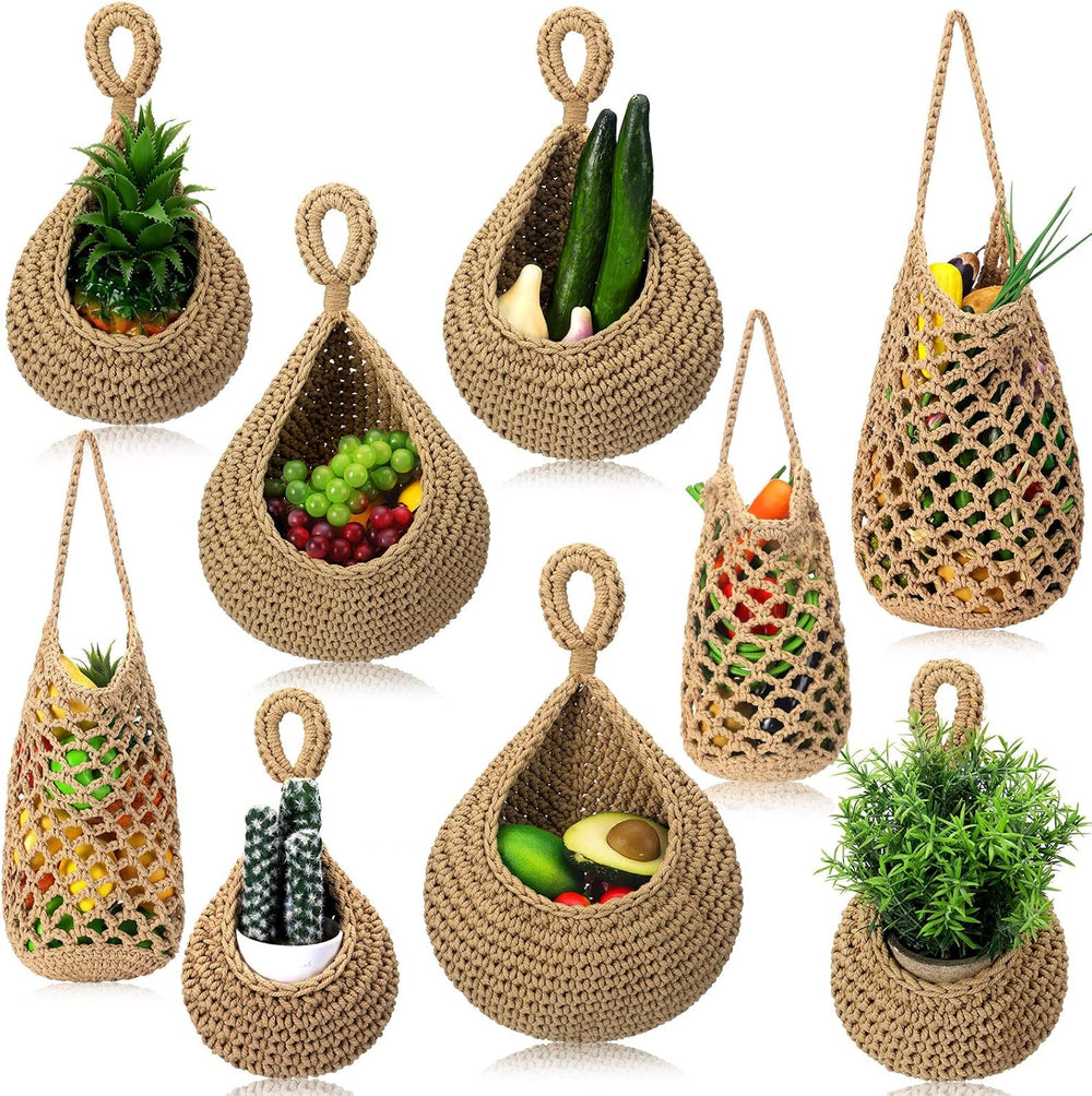 9 Pcs Jute Fruit Hanging Baskets for Kitchen, Boho Woven Wall Baskets, Produc...