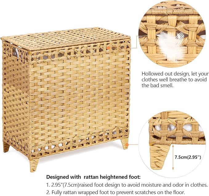 Laundry Hamper with 3 Removable Liner Bags; 132L Handwoven Rattan Laundry