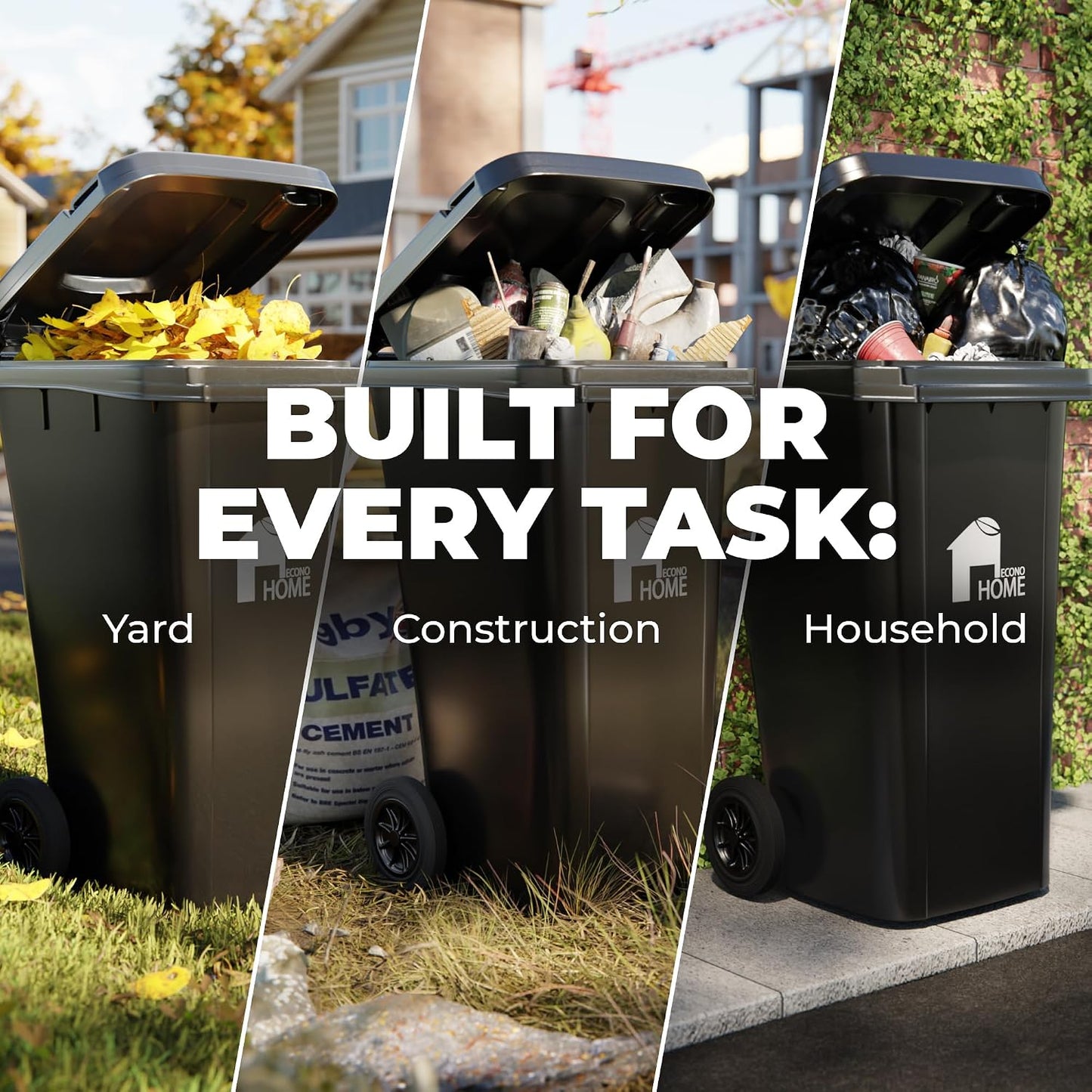 EconoHome Outdoor Garbage Can with Lid - 32 Gallon Trash Can for Backyard, Deck, Garage - Dual Wheels, Extra Heavy-Duty, Durable Handle - Versatile Home & Commercial Storage Container - Black, 1-Pack