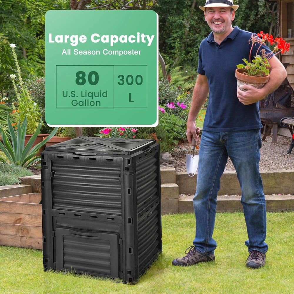 Compost Bin Outdoor, 80 Gallon Garden Compost Bin with Top Lid & Bottom D...