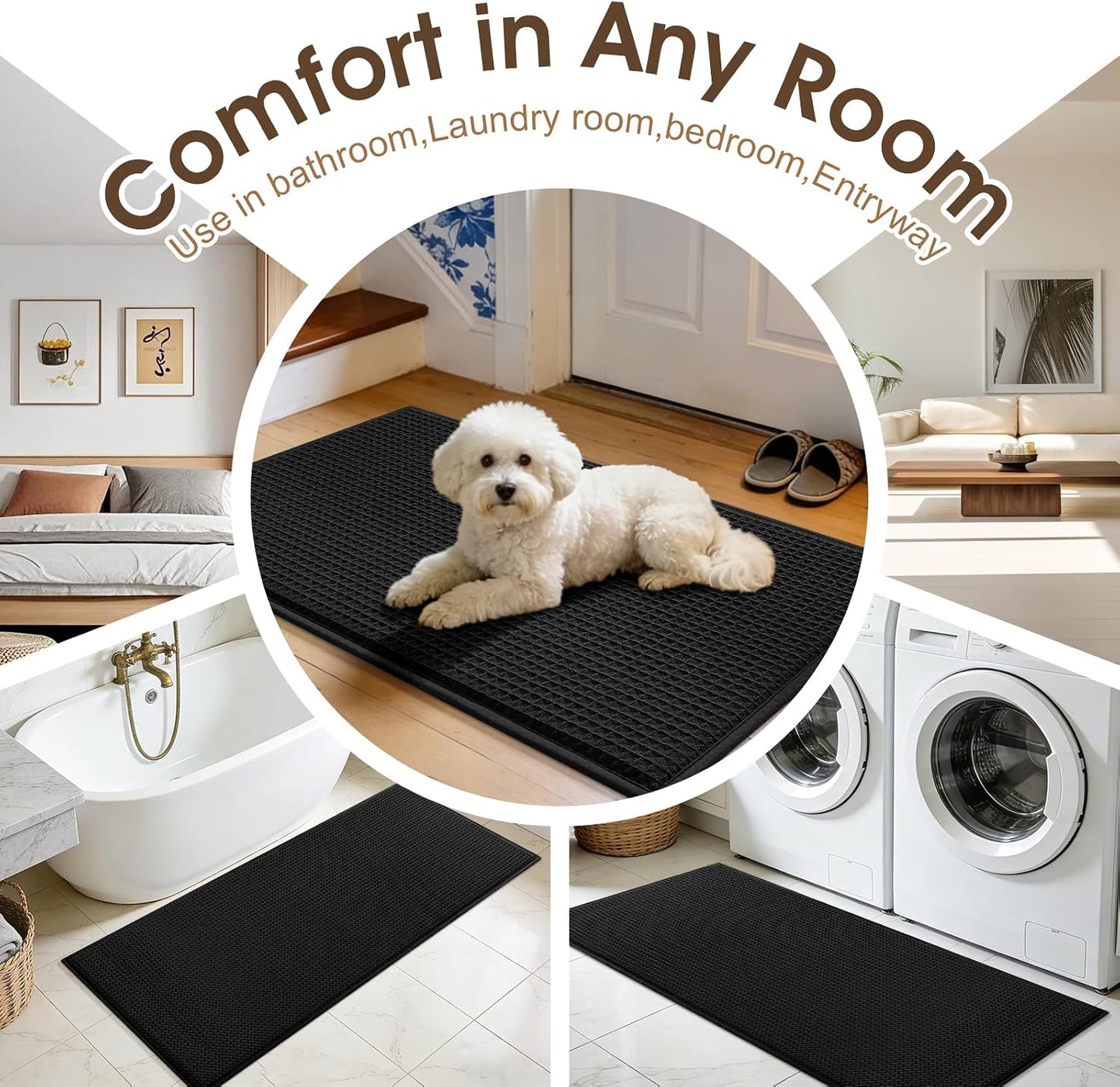ACCUMTEK Memory Foam Bath Mat, Ultra Soft Absorbent Waffle Bathroom Rugs, Super Non-Slip PVC Backing Bath Rug Quick Dry, Machine Washable Rug for Tub, Shower, Home Decor Accessory, 24" x 17", Black