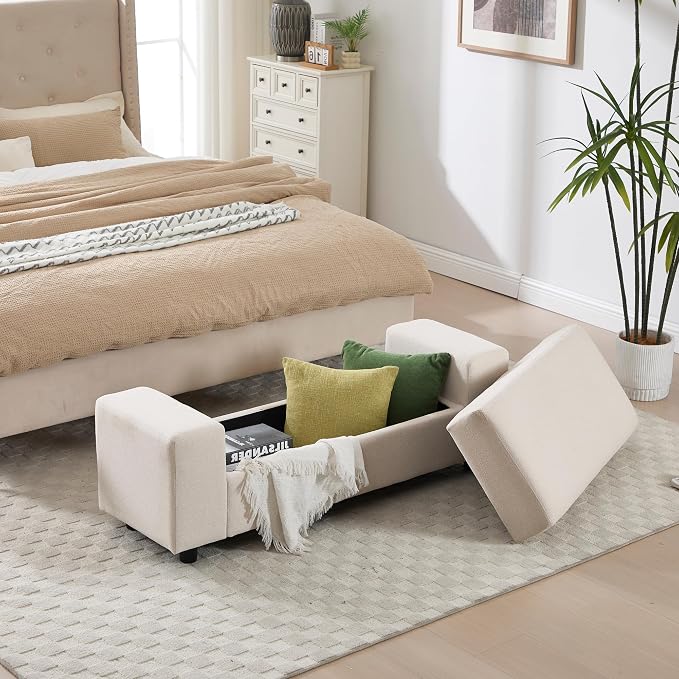 Storage Ottoman Bench, 55 Inch End of Bed Linen Bench - Image 5