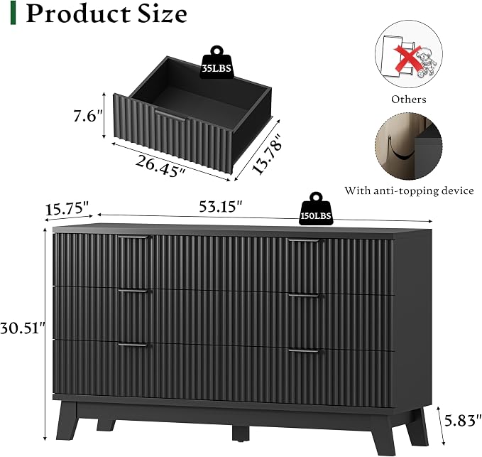 Fluted Dresser with 6 Drawers, Wooden Dresser TV Stand, Wood Closet Clothes - Image 2