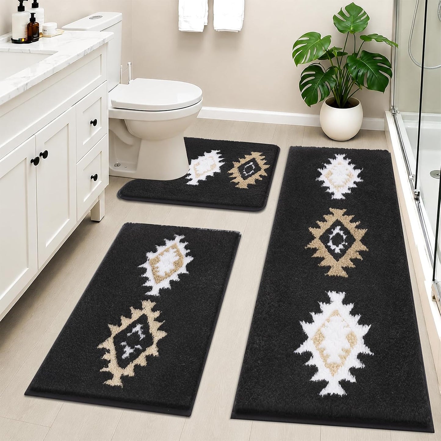 HEBE Boho Bathroom Rugs Set 3 Piece, Non Slip Washable Bath Mat Set, Ultra Absorbent Microfiber Bathroom Mats with U-Shaped Contour Toilet Rug, Tribal Bath Carpet Set for Tub, Shower