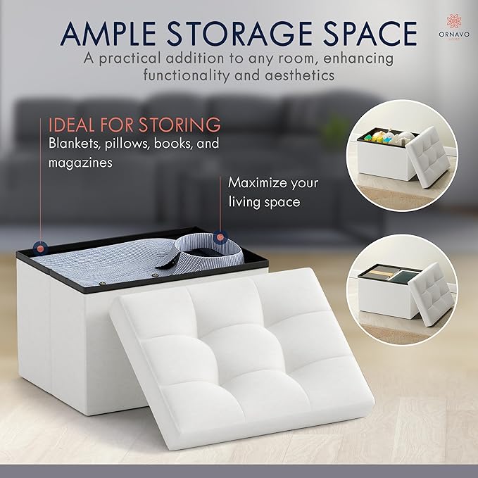 Ornavo Home Small Storage Ottoman Foldable Collapsible Rectangle Linen Ottoman - Image 4