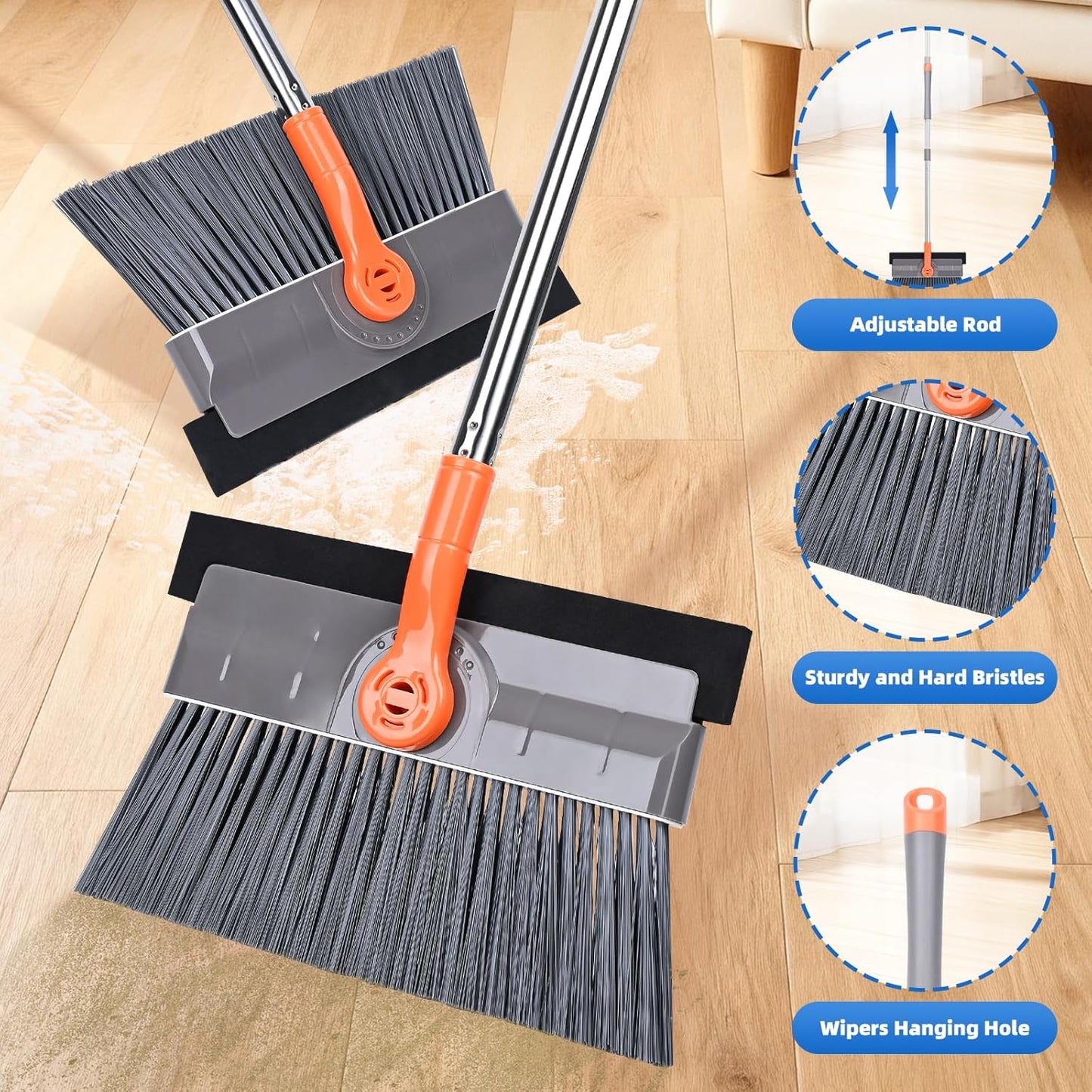 Floor Scrubber, 50 inch Heavy Duty Floor Scrub Brush with Long Handle and Squeegee for Cleaning Tile Wall Deck Bathroom Patio Garage Kitchen, Grey