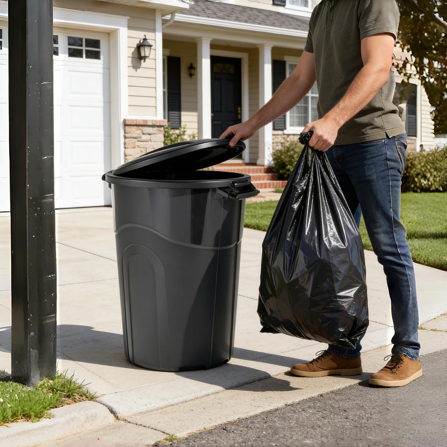 Black 32 Gallon Heavy Duty Plastic Garbage Can, Outdoor Trash can with Lid, Included Click Lock Lid and Sturdy Handles Garbage Bin for Outdoor, Kitchen, Garden, Garage