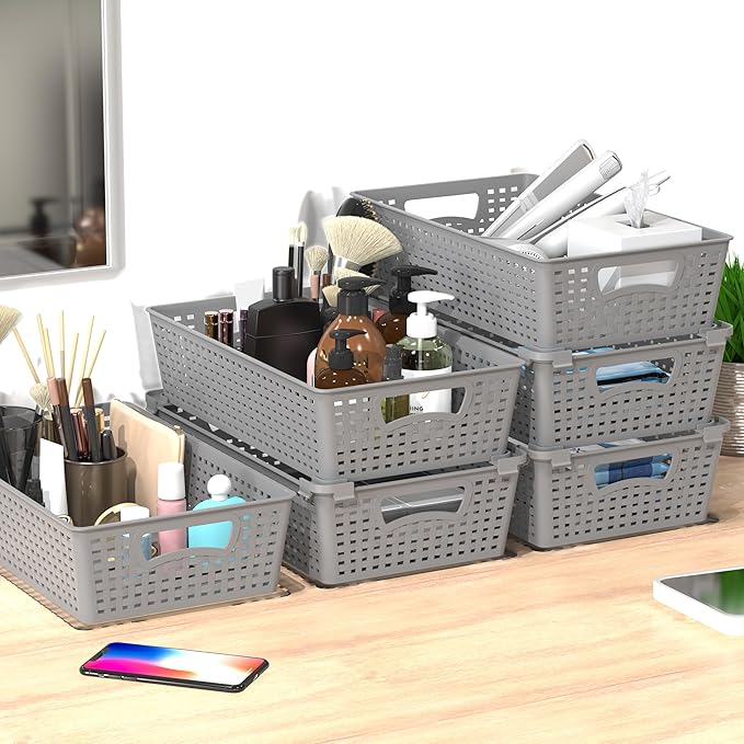 Simple Houseware Stackable Plastic Woven Basket Organizer, 6 Pack, 14.5" x 8.5" - Image 4