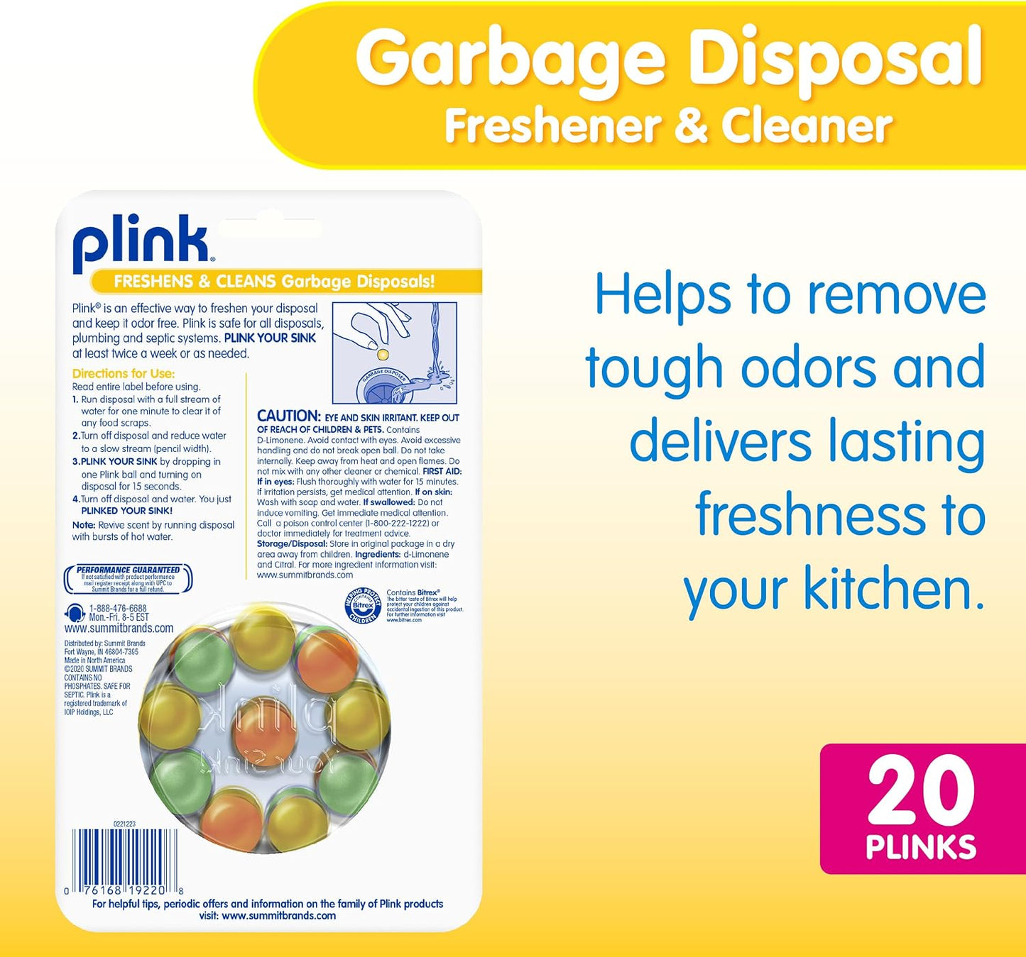 Plink Garbage Disposal Cleaner & Deodorizer, Citrus Freshener, 20 Count | Easy Capsules Clean and Deodorize Garbage Disposals; Regular Use Helps Prevent Food Odors and Grime Buildup, Made in USA