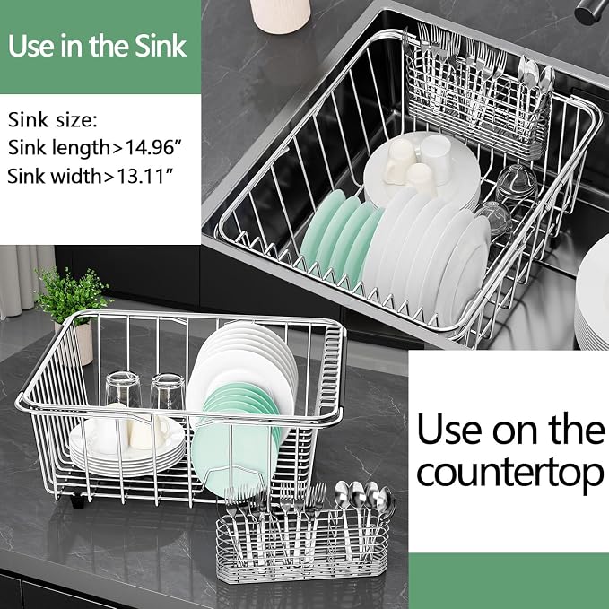 Large Sink Dish Drying Rack, Expandable 304 Stainless Steel Metal Dish Drainer - Image 5
