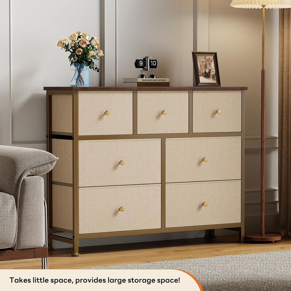 Sweetcrispy 7 Drawer Dresser for Bedroom Storage with Fabric Bins, Khaki