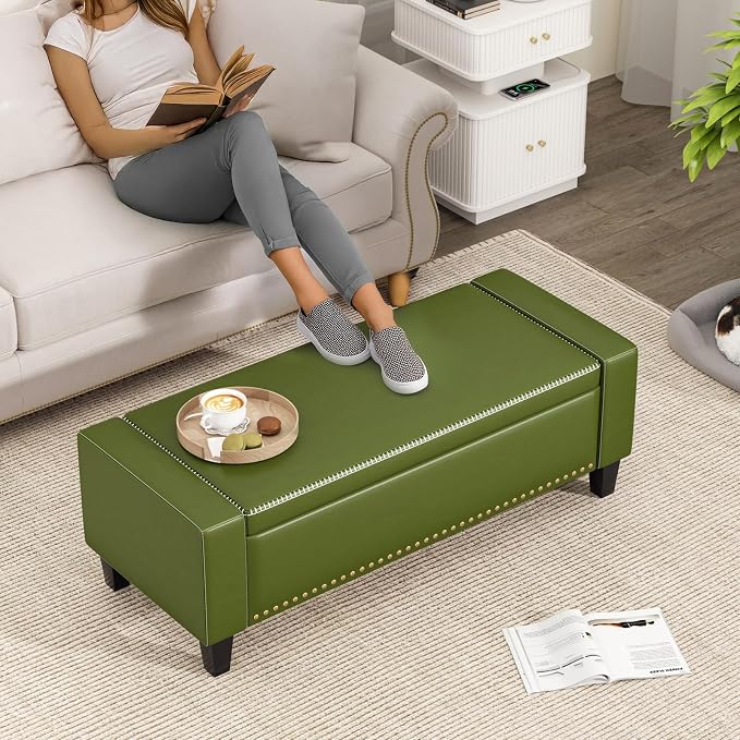 48.8" Storage Ottoman Bench Green | Faux Leather Bedroom Bench - Image 6