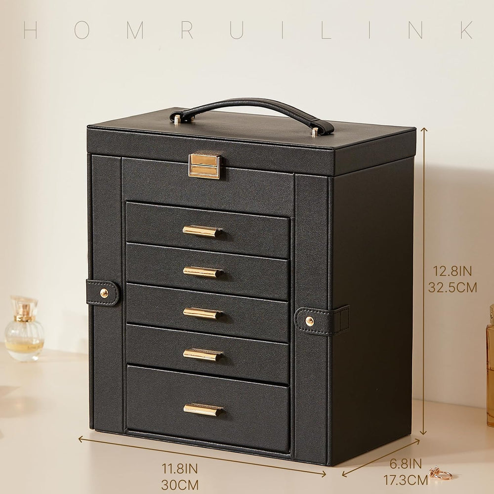 Large Leather Jewelry Box for Women, Mirror, 6 layer, Black