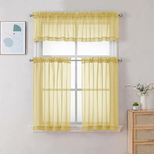 Chyhomenyc Sheer Yellow Tier Curtains 24 Inch Length, Small Window Curtains - Image 2
