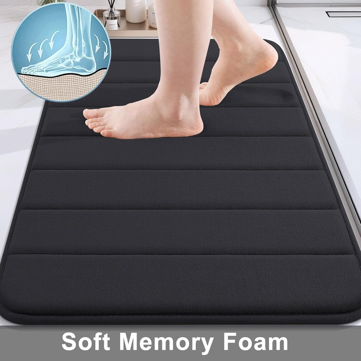 Buganda Memory Foam Bath Mat, 30" x 20", Ultra Soft and Non-Slip Bathroom Rugs, Water Absorbent and Machine Washable Bath Rug for Bathroom, Shower, and Tub, Black