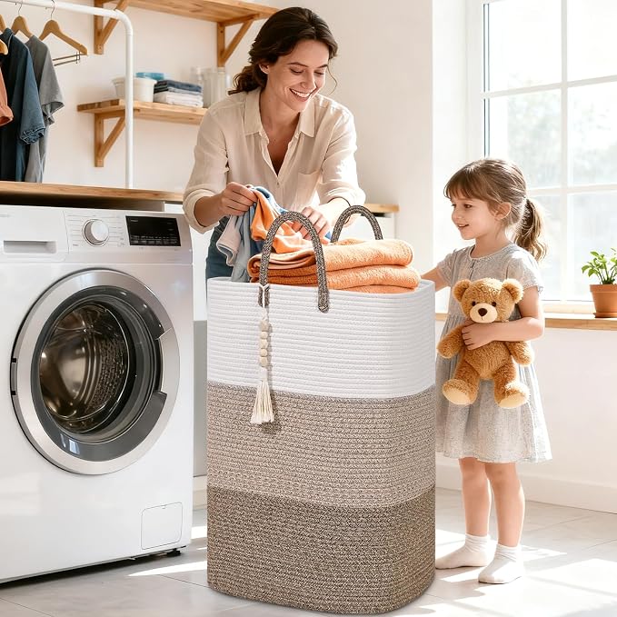 Woven Laundry Basket for Clothes, 65 L Large Rectangle Laundry Hampers - Image 2