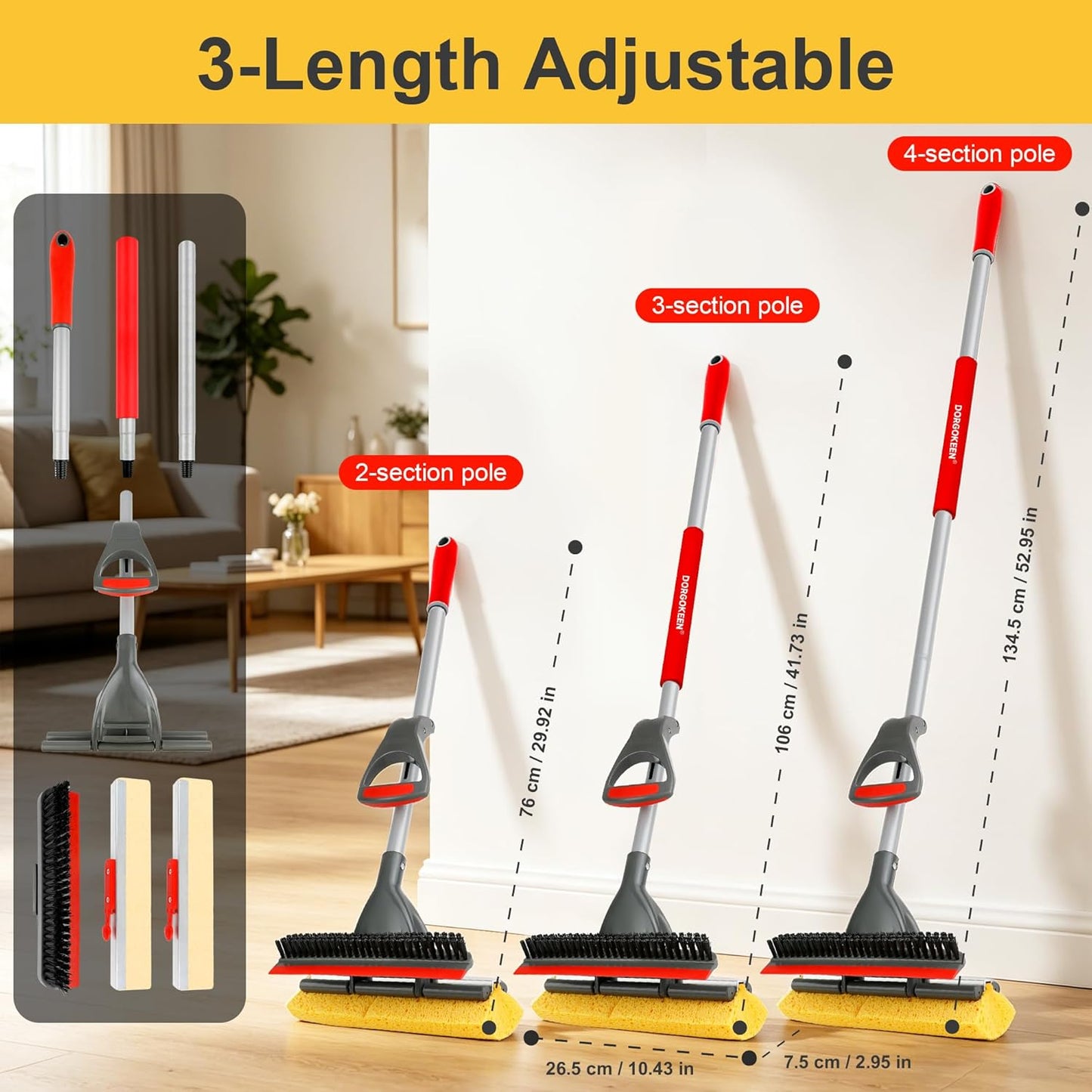 Sponge Mop for Floor Cleaning, Home Commercial Pop-up Cellulose Sponge Roller Mop with 2 Refill Heads, Includes Squeegee and Brush for Hardwood Tile Concrete Bathroom Kitchen Wall Ceiling