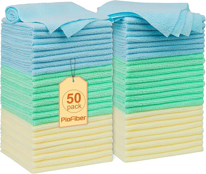 Shop Towels – 50 Pack Edgeless Microfiber Cleaning Cloths, Lint-Free & Reusable by PioFiber