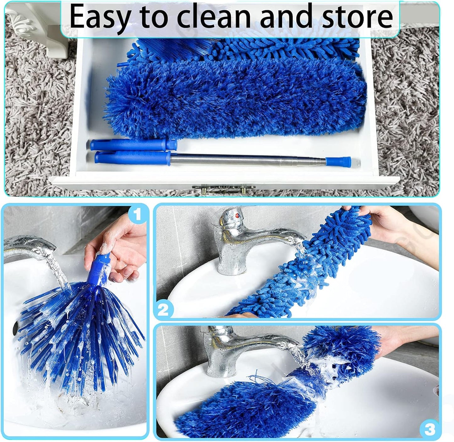 ZZ LAZYCOTTAGE Duster, Microfiber Dusters with 2 Handle Sets, Durable 15-98.1 Inches Long Telescopic Rod, Washable, Feather Dusters for Cleaning Cobweb and Ceilings Fans, 5 Pack (Blue)